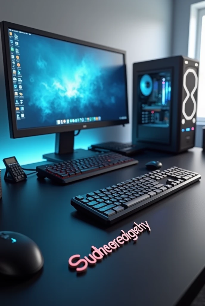 Cpu with monitor editing setup with sudheereditography name under the table