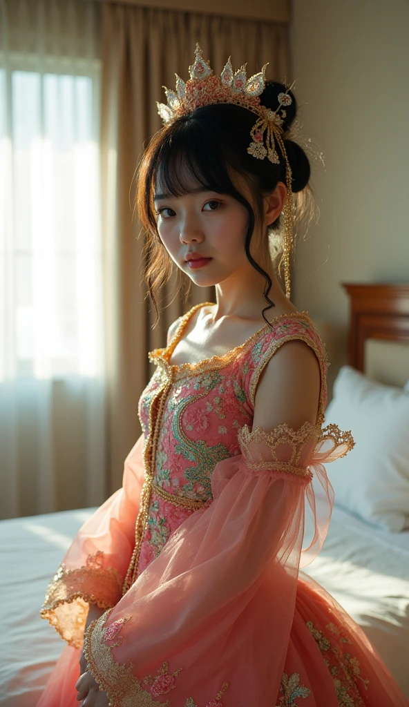 22歳の1 personのアイドル歌手, 1 person, Japanese, Standing next to a hotel bed in her stage costume, Anxious face, Daytime, whole body