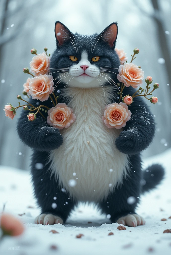 "A plump cat, mutated with black and white flowers, stands angrily on a blanket of white snow."