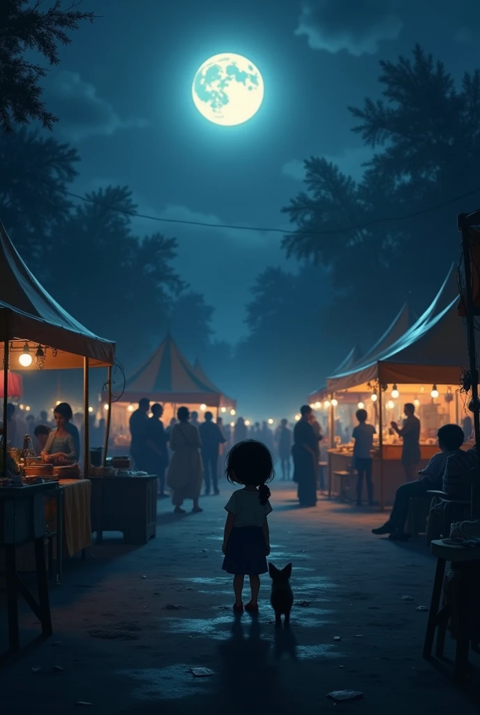 Sudden Darkness at the Festival:"The festival ground suddenly going dark as the power goes out. People are paused in their activities, and Ayesha is shown looking around in worry, realizing that her kitten, Moti, is missing. The scene is illuminated only by the faint moonlight. 
'Ayesha is a  of five years old '