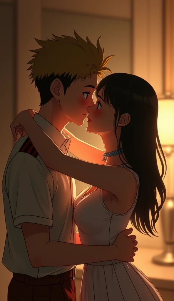 (32K:1.9, Highest quality, masterpiece, Ultra-high resolution), Perfect dynamic composition:1.3, Highly detailed skin and facial textures:1.3, Cute sexy slim Japanese girl, (Slimman, Height about 180cm), (They both close their eyes, A man hugs and kisses a woman:1.3), Fair skin, ((Clarity:1.1)), (Man is anime「Marmalade Boy」Yuu's uniform:1.3, Bright yellow hair, beautiful目:1.3), (The woman is wearing a uniform with a light blue tie.:1.3, Straight black hair.:1.3, smile:0.9, A man completely charms a woman:0.9, beautiful Blue Eyes, beautiful, Clear Eyes:0.8), Sexy Face:0.4, blush:1.1, (beautifulエロティシズムを醸し出す雰囲気:0.8), Professional random camera work, Cinematic Lighting Effects, (Full Body Shot), (Too erotic), romantic, mysterious, Object of admiration, original, dramatic, artistic, Innovative, charm, Heartful, Fancy, Tilt, sense of loss, special, exciting, Extreme, sense of openness, joy, joyの表現, ((若さのcharm, 女性的なcharm))