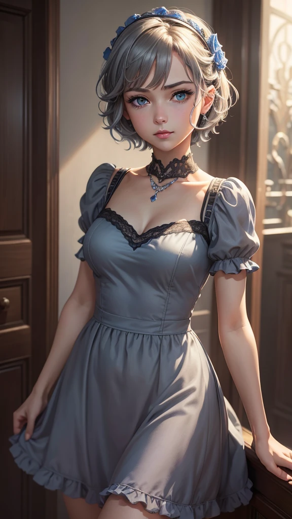 silber hair short-hair Anime style 年轻 A slight smil tiarra nobles blue eyess Luxurious dresses Beautiful fece top grade clever