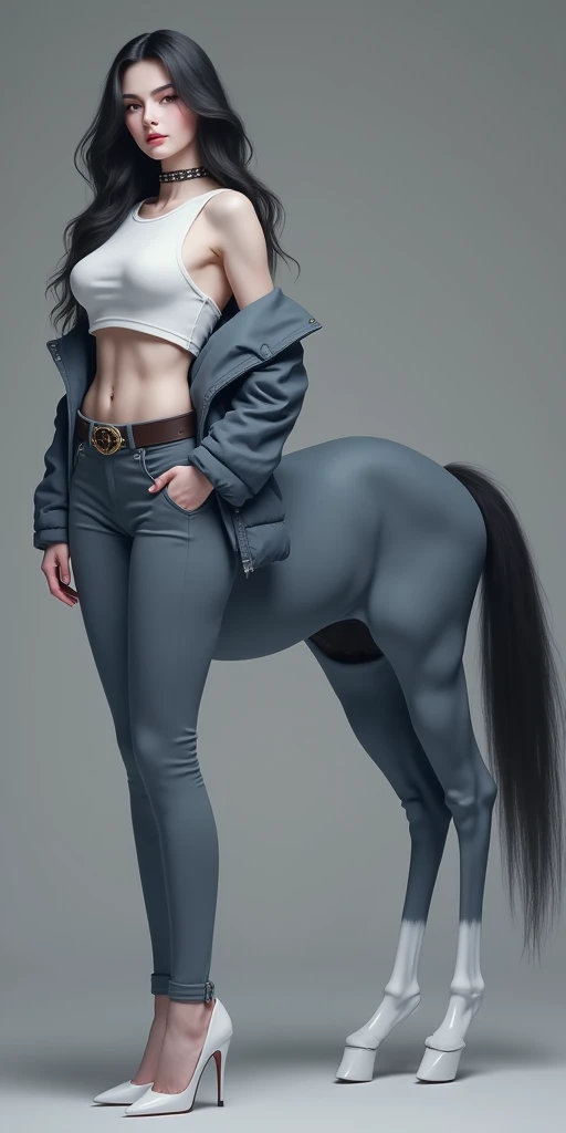 masterpiece,(Best quality:1.3),Centaur girl,lora:Centaur girlV1.0:0.6,(Icefield:1.3),(Head and body 1:9:1.3)Nine-head body,I am a white collar elite centaur female,Elegant, beautiful and elegant,All four legs are wearing tight white collar black,White shirt,Leisure fur,Beautiful body,Black white collar suit,Wearing tight black suit pants,I'm wearing a casual suit,((Black work suit: 1.6)),Smooth skin,Black Hair,Perfect facial features,Full breasts,(Leather belt bracelet neck: 1.4),(White crystal high heels: 1.6),Fair and translucent skin,Pale skin,Peach-like skin,The milky white porcelain skin of the eggs