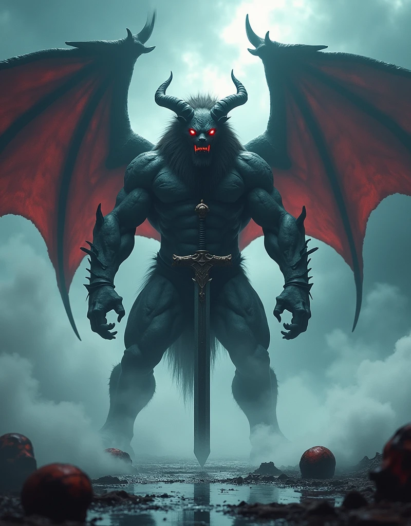 a very tall demon with lion head and goat horns and bat wings standing straight in two feet human pose, stern expression, confident pose, glowing red eyes, dark fur, goat feet, celestial, muscular frame, a great sword plug on the ground infront of him, detailed facial features, highly detailed, photorealistic, light and shadow contract, dramatic lighting, fantasy, surreal, dark, moody, thunder sky background, white fog foreground, water reflection the ground, skulls on the ground