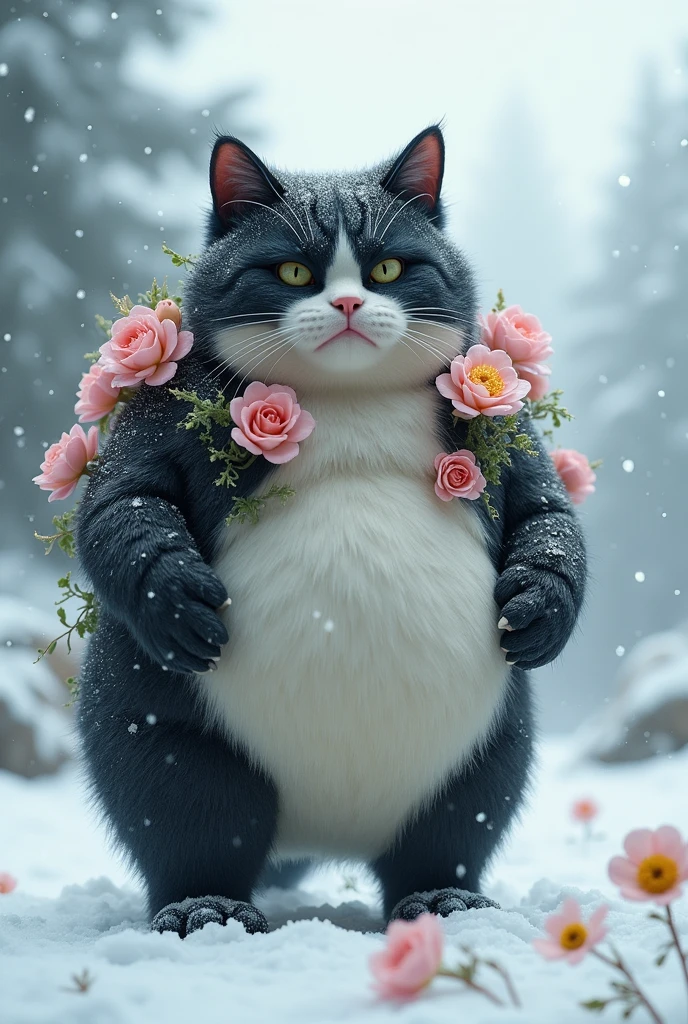 "A plump cat, mutated with black and white flowers, stands angrily on a blanket of white snow."