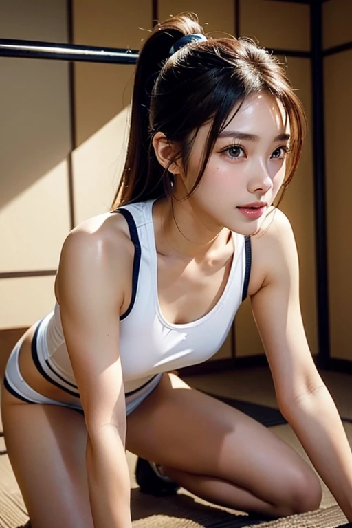 Latex bodysuit、Knee-high boots、Huge 、Long brown hair、Japanese Gravure Idol、Shiny, Oily skin、Glowing Skin、Indoor competition pool、White skin、Beautiful woman、Body Portrait、32K、Beautiful and beautiful eyes、Dindal effect、masterpiece、最high quality、high quality、High resolution、Very detailed photos、(Natural skin texture、Fine skin、Hyperrealism、Ultra Sharpness)、Skin with attention to detail 、(Very fine、Fine skin texture、Intricate details、Beautiful Face、Japanese Idols、(A vivid face)、Realistic eyes、Beautiful and detailed、Training in the fitness gym、Wearing training wear:1.3,ponytail、Realistic Skin、Beautiful Skin、glamorous、Glowing Skin、Greasy muscle 、Daytime、surreal、Very detailed、Golden Ratio、Smiling Eyes、Body Portrait、Full Body Shot:1.5