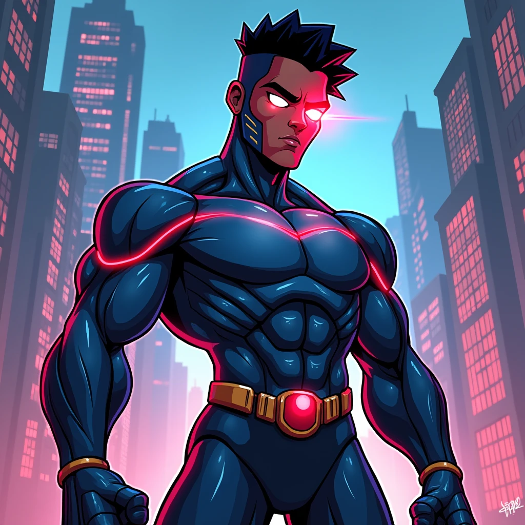Cartoon 2D, syborg, titans, big black man, blue, city, نصف صورت رباتی با یک چشم قرمز