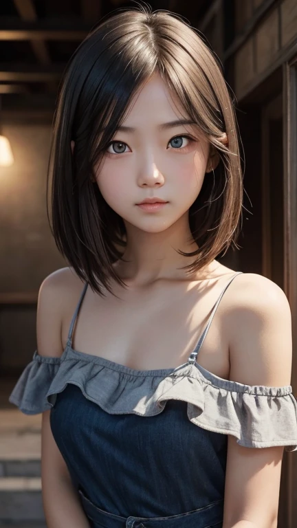 a girl who has short, beautiful shoulder-length hair and eyes that have the impression of a sharp gaze and has a cheeky and indifferent facial gesture