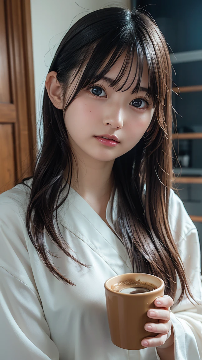 A young girl is holding a coffee cup in her hand, Girl cute beautiful face, Cute natural anime face, With a cute - lovely - face,Young and pretty face, Beautiful Japanese girl face, 茶色の髪とBig eyes, pretty girl, Beautiful light、Big eyes
