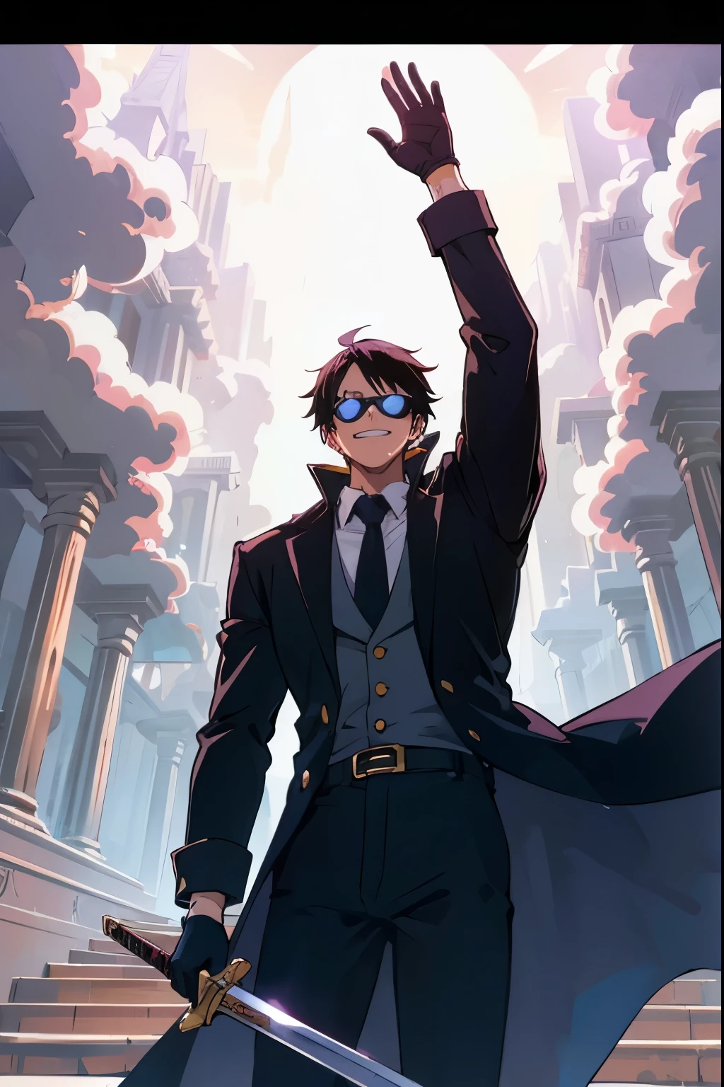 ((illustration)), (best quality)), ((masterpiece)), (detailed), teenager, 1male, black hair, jacket, black gloves, long coat, sunglasses, leather, solo, anime: 2, city, night, flat color, throne room, holding sword, glowing eyes, crazy smile, cinematic, epic, anime, fire, explosion, kingdom background, crown, One piece style, stairway, King,