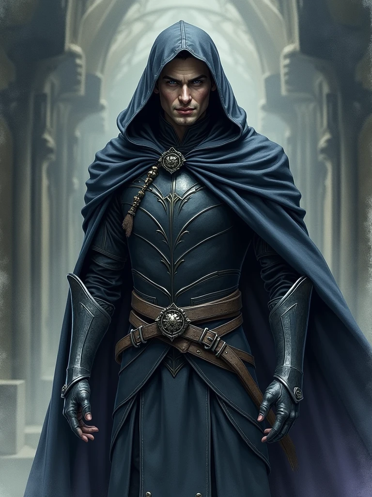 Watercolour painting character full body portrait of a half elf male shadow sorceror, dark armour and hood, smirk, creepy, charismatic, handsome, very dark shadowy background, creepy dark colours