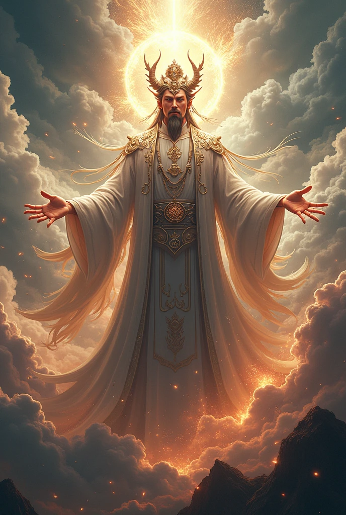 Realistic, Xianxia character cultivator immortal demon & buddha with avatar behind. Background heaven & netherworld.