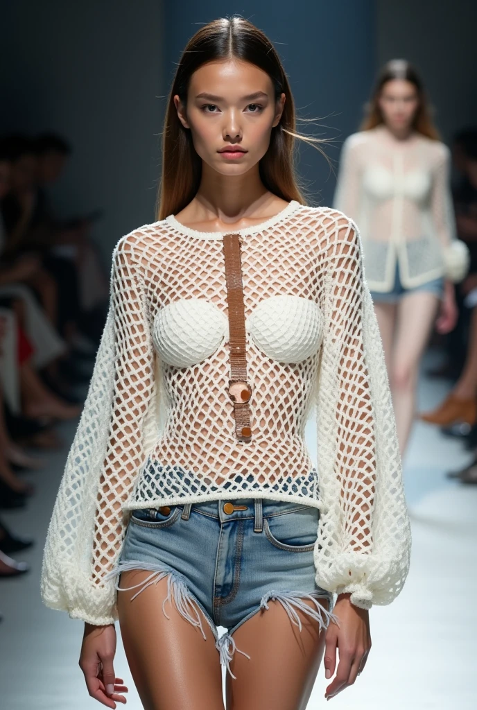White crochet blouse with leather, wide stitches, long sleeves, fashion show style fishnet blouse