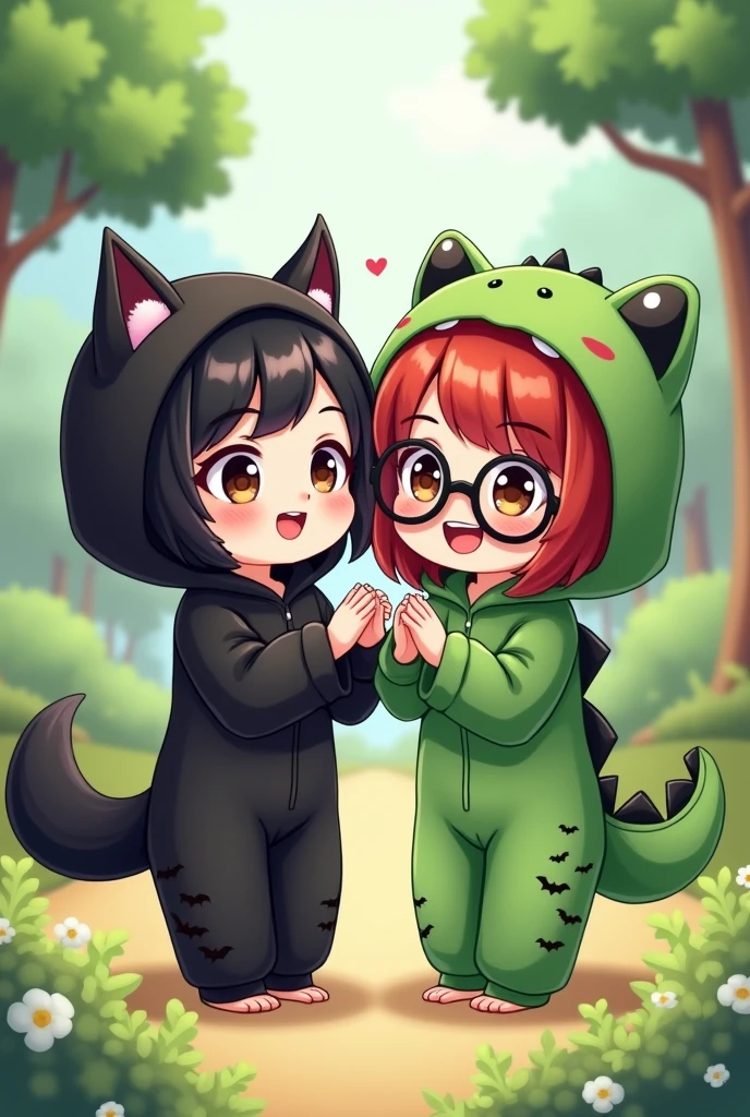 one girl has black wolfcut hair, wearing a cute black bat pajama with hoodie. the other girl has red shoulder length wolfcut hair, wearing black glasses, brown eyes, wearing a cute green dinosaur pajama with hoodie. they're in park laughing. make them look like a chibbi