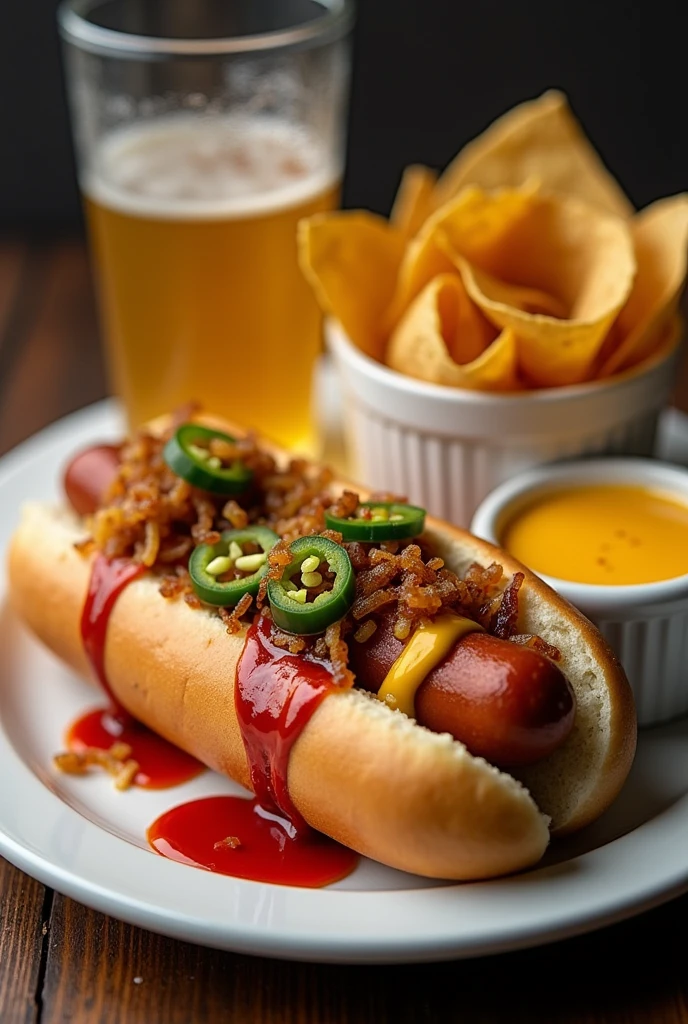 Un menu hot-dog avec sauce ketchup moutarde oignon cuit avec un ravier de dortillas maïs mis en valeur sauce cheddar à déçu des jalapeños et de l'oignon frit avec une boisson à New-York