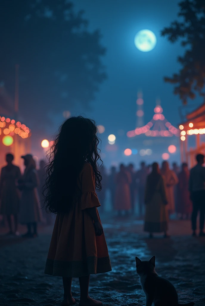 Sudden Darkness at the Festival:"The festival ground suddenly going dark as the power goes out. People are paused in their activities, and Ayesha is shown looking around in worry, realizing that her kitten, Moti, is missing. The scene is illuminated only by the faint moonlight. 
'Ayesha is a  of five years old '
One more time 