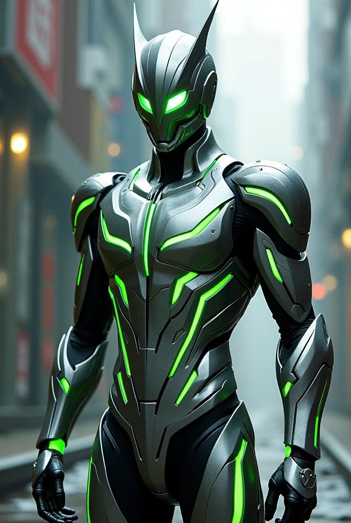 Kamen Rider, Silver armor suit with green line color, slim body, green colored small sharp eye, futuristic. Mecha helmet.