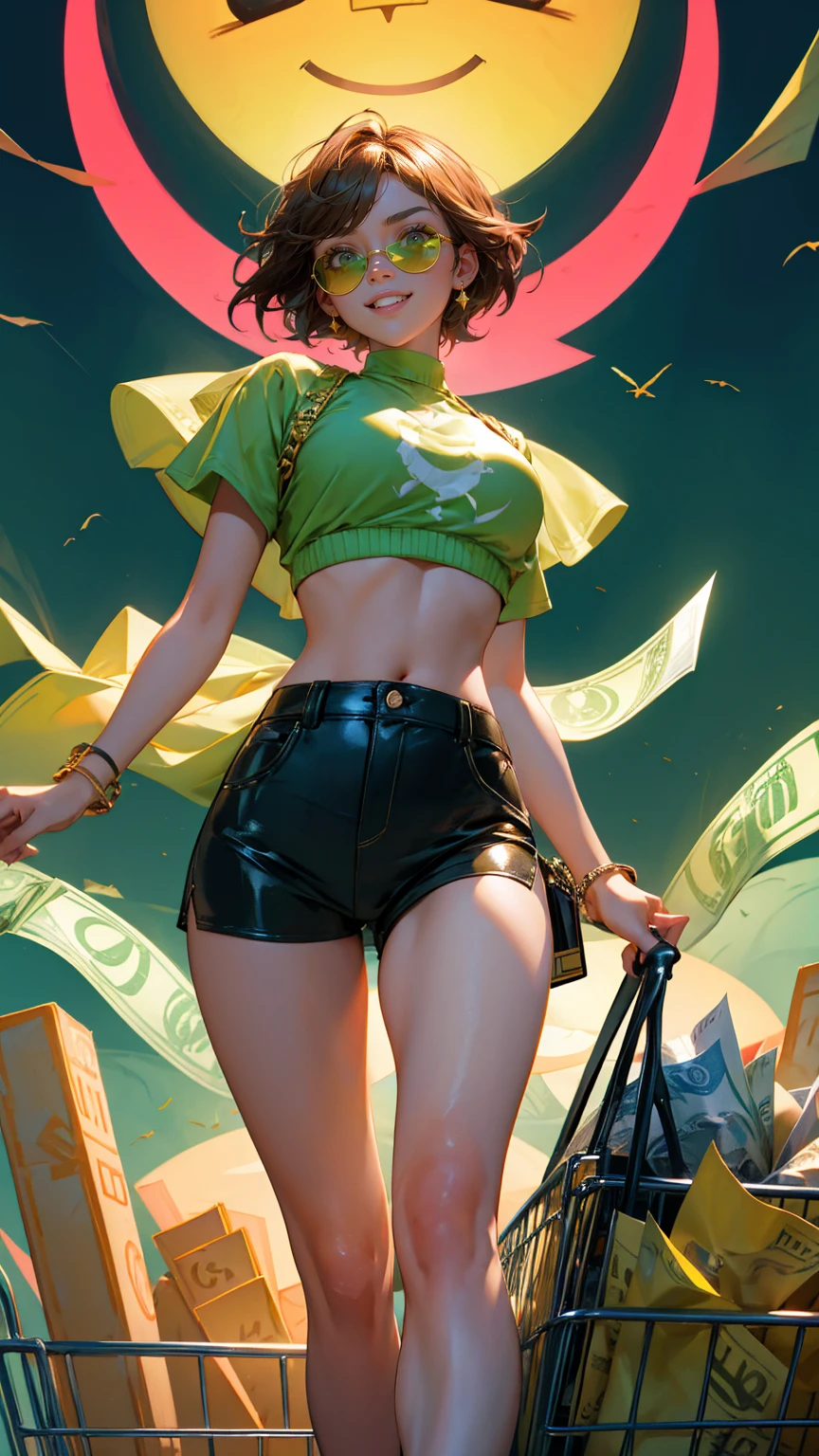 , add green color, more green color add zoom out, full charracer images, all lots of green color A beautiful, cute girl with stylish short hair, wearing sunglasses and a pink crop top, standing confidently in a shopping cart filled with money bags, dollar bills, and gold coins. She is flexing her arms with a big smile, exuding a sense of victory and confidence. The background is split into two contrasting halves: one side shows a dark, stormy sky with worried people and falling stock market candles, while the other side is bright and sunny, with a cheerful sun emoji lifting the market upward, surrounded by flying dollar signs and money bags. Crowds of people in the background are looking astonished or excited, adding to the dramatic financial turnaround theme of the scene.