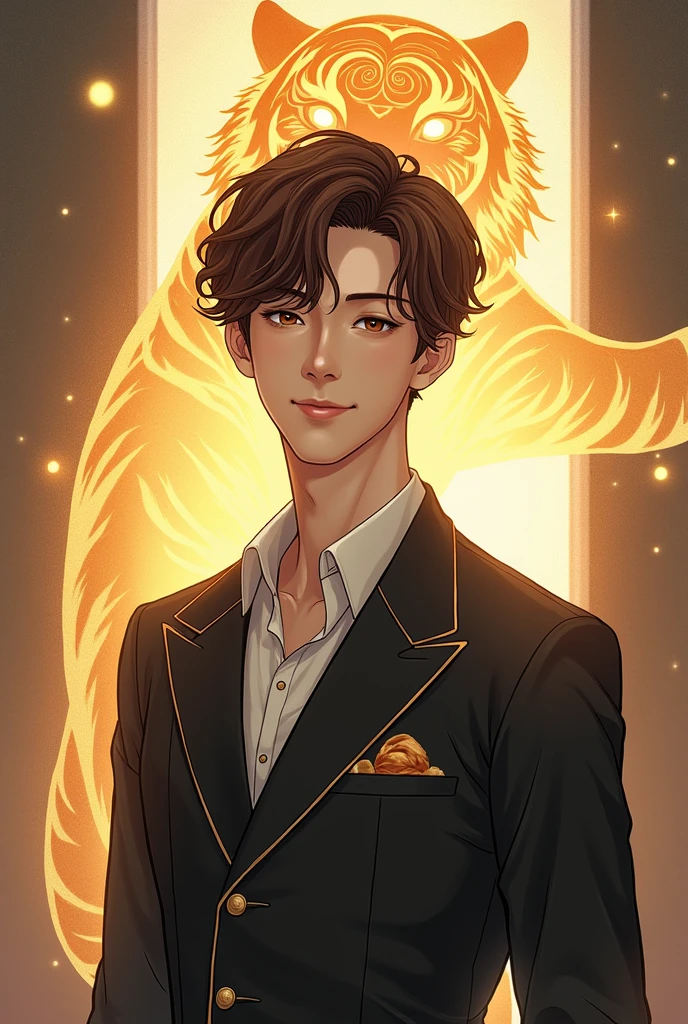Draw Hwang Jiho manhwa style character from the Korean novel EX rank supporting roles replay in a prestigious school, like a mature boy, high, elegant, smiling, brown hair and eyes, and behind him an aura in the shape of a transparent golden tiger