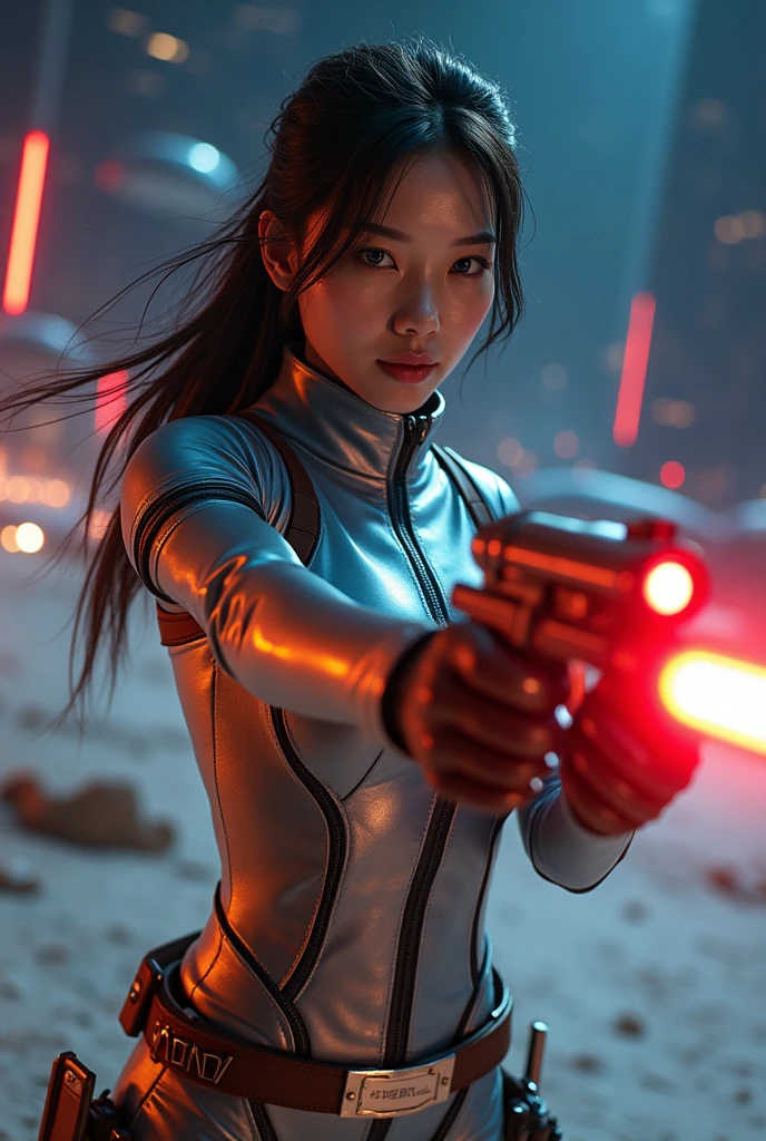 (masterpiece, best quality, beauty, best ratio, best shadows,best Illustration, wallpaper size,1080×2400 pixels, detailed face, pastel colors) star wars theme.
uhd, china female kungfu, korean beauty like tae yon, face fully visible, shooting pose, shining blue eyes, windblown hair, wear gold and blue matte futuristic full leather suit, left hand holding futuristic gun emits red energy with a shooting presence, on top background of an airport in outer space with red and orange signal lights flashing, outer space city, space rider and space town seen on far away. use the RenderMan renderer.digital art. High definition, high contrast,high color saturation,128k,cinematic lighting, intricate,cinematic advertising photograph,cinema lens, super high res.