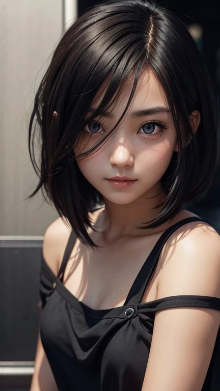 a girl who has short, beautiful shoulder-length hair and eyes that have the impression of a sharp gaze and has a cheeky and indifferent facial gesture