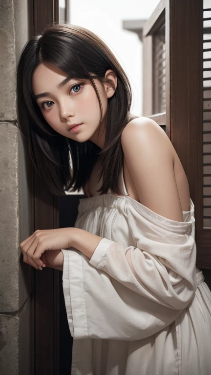 a girl who has short, beautiful shoulder-length hair and eyes that have the impression of a sharp gaze and has a cheeky and indifferent facial gesture