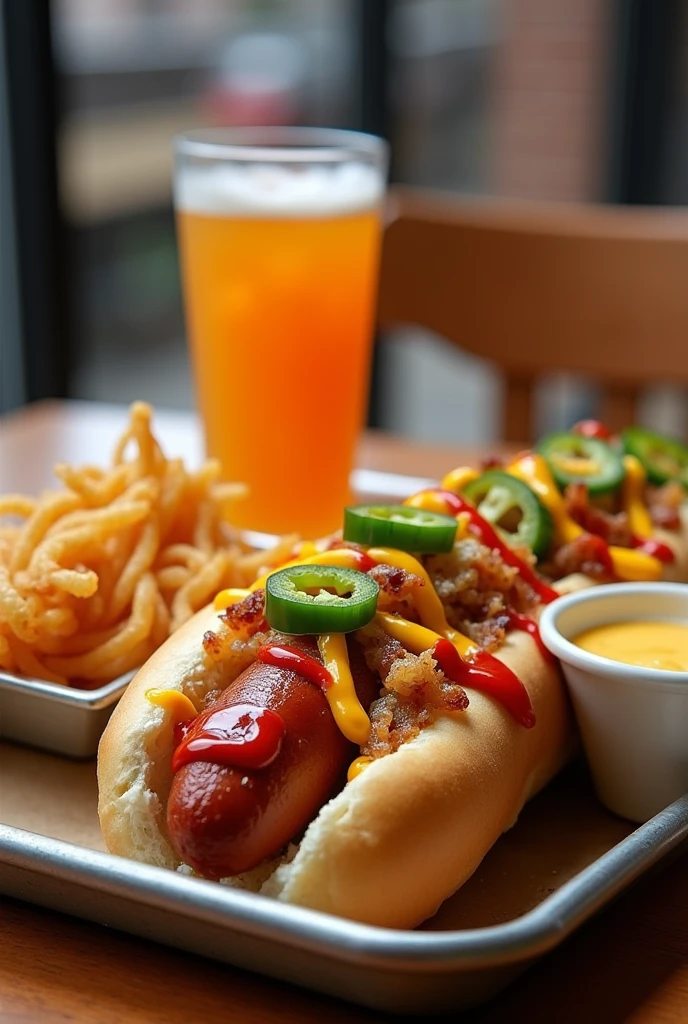 Un menu hot-dog avec sauce ketchup moutarde oignon cuit avec un ravier de dortillas maïs mis en valeur sauce cheddar à déçu des jalapeños et de l'oignon frit avec une boisson orange à New-York 