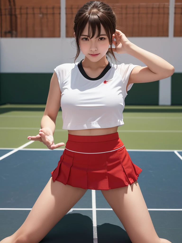 picture of a girl in a soaked white torn tennis wear, (solo), white sneakers, (kpop idol), ((crying)), (damaged:1.7)((miniskirt)), wet(see-throughs)pantie, (erectnipples:1.5), natural((large breasts)), masterpiece, realistic, hyper-detailed, (glossy skin, sweaty:1.4), (incontinence:1.5), absurdity, looking at viewer, short(high twintails), dark brown hair, (top quality), outdoors(blue sky, tennis court), dynamic(kneeling to sitting on the ground), (open your legs wide), ((spread legs)), from below angle((sexy, low angle, long hair, black eyes)) , (wet(see-through)), (peeing:1.4), delicate and sexy collarbone, charming oval face, double eyelids, big peach blossom eyes, pink lips, ((anger, screaming, agony, glowing eyes, sweat) ), simple background, full screen of chains, chained, ((arms up, behind head)), bondage, low angle , BDSM, Chained, Perfect figure,