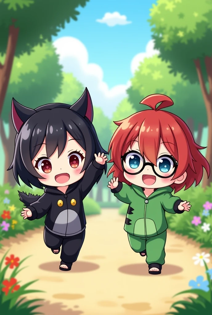 one girl has black wolfcut hair, wearing a cute black bat pajama with hoodie. the other girl has red shoulder length wolfcut hair, wearing black glasses, brown eyes, wearing a cute green dinosaur pajama with hoodie. they're in  park running laughing. make them look like a chibbi
 