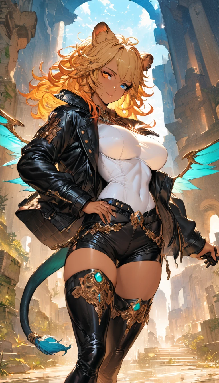 best quality,4k,8k,highres,masterpiece:1.2),ultra-detailed, extremely detailed eyes, extremely detailed body, (large masterpiece digital art), (detailed manga illustration), (detailed line art), ((perfect anatomy)), (intricate details:1.3), (ultra-detailed:1.3), (illustration:1.3), (sharp focus:1.3), (natural lighting:1.05), (vivid colors:1.3), (masterpiece), (best quality:1.4), (perfect anatomy:1.4), high quality, expressive eyes, full body, detailed face, beautiful face, perfect face, 1 girl, tall girl, ((blonde hair)), (red hair), multicolored hair, two-toned hair, ((dark skin)), (((dark skinned female))), griffon, large breasts, thick thighs, very long hair, bare shoulders, denim, (short shorts), dynamic pose, silver jewelry, choker, animal ears, (lion ears), (lion tail), thigh-highs, ((animal ears)), skin dentation, curvy, monster girl, heterochromia, (orange eye), (icy blue eye), ((wings)), feathered wings, black feathers, green glowing feathers, thigh gap, (white shirt), black leather jacket, thigh boots, dynamic lighting, cinematic lighting, smiling, ((Greek ruins background)), Atey Ghailan, Jeremy Mann, Greg Manchess, Antonio Moro, trend in ArtStation, trend in CGSociety, Intricate, High Detail, Sharp focus, dramatic and photorealistic painting art by Midjourney and Greg Rutkowski, Jeff Bridges, ((cartoon style)), Marvel Cinematic Universe style