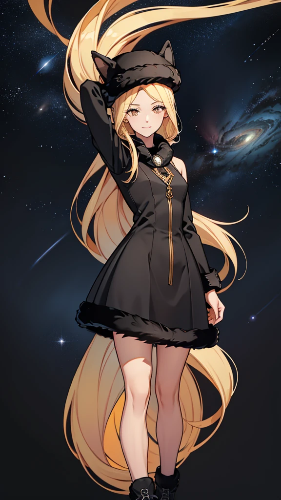 masterpiece, ultra quality, Beautiful detailed, extremely detailed,16K, exquisite, absurdity, highres, Beautiful background, Beautiful eye, Beautiful skin, anime style, one girl, solo, looking at viewer, gentle smile, full body of woman, blonde hair, long hair, slit eyes, brown eyes, very long eyelashes, very long hair, glossy lips, closed mouth, expressionless, slender tall body, small breasts, BREAK

Jet black fur dress, fur trim, long jet black fur hat, capelette, jet black footwear, BREAK

night, star \(sky\), starry sky, space, SL train flying in the sky