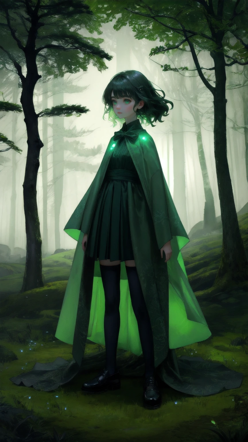 "A mysterious forest setting with twisted, gnarled trees and curling branches, all bathed in an eerie green glow. The ground is covered in moss and scattered leaves, with cobblestone paths winding through the scene. Hanging from the trees are strange, glowing orbs, and there’s a subtle mist floating near the ground. In the center of the scene stands a girl wearing a whimsical outfit, with wide eyes and a curious expression, holding a microphone. The atmosphere is otherworldly, magical, and slightly eerie, with a green color theme throughout. No text should be present in the image."