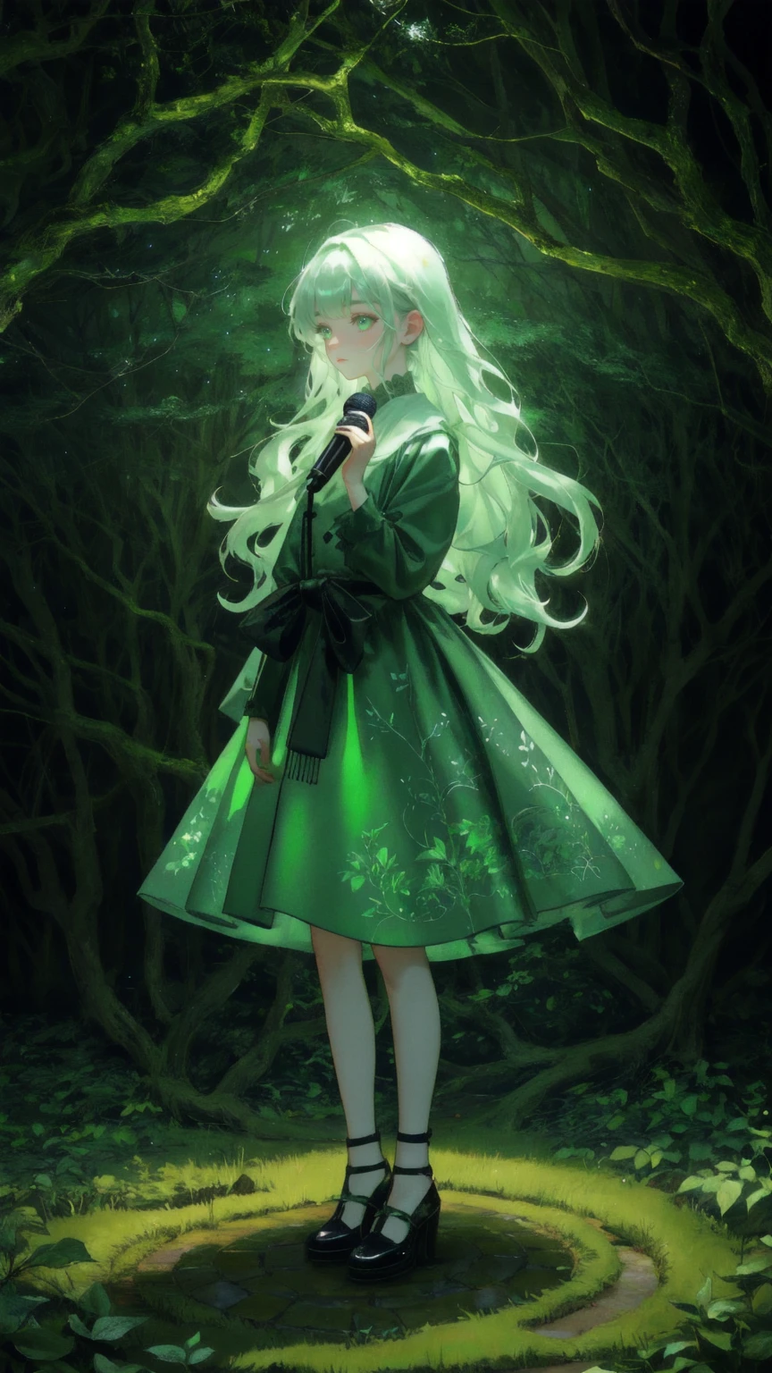 "A mysterious forest setting with twisted, gnarled trees and curling branches, all bathed in an eerie green glow. The ground is covered in moss and scattered leaves, with cobblestone paths winding through the scene. Hanging from the trees are strange, glowing orbs, and there’s a subtle mist floating near the ground. In the center of the scene stands a girl wearing a whimsical outfit, with wide eyes and a curious expression, holding a microphone. The atmosphere is otherworldly, magical, and slightly eerie, with a green color theme throughout. No text should be present in the image."


