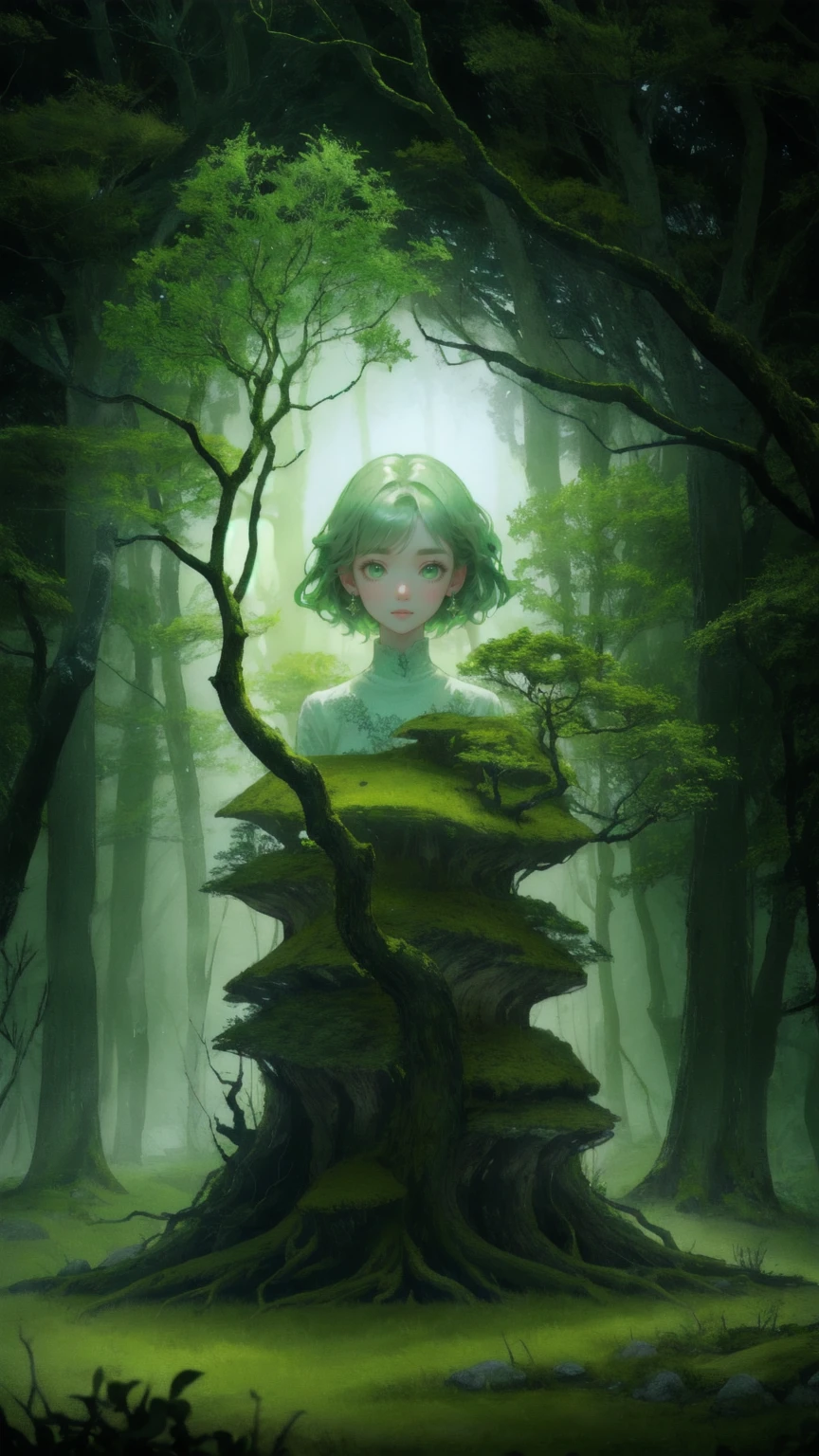 "A mysterious forest setting with twisted, gnarled trees and curling branches, all bathed in an eerie green glow. The ground is covered in moss and scattered leaves, with cobblestone paths winding through the scene. Hanging from the trees are strange, glowing orbs, and there’s a subtle mist floating near the ground. In the center of the scene stands a girl wearing a whimsical outfit, with wide eyes and a curious expression, holding a microphone. The atmosphere is otherworldly, magical, and slightly eerie, with a green color theme throughout. No text should be present in the image."


