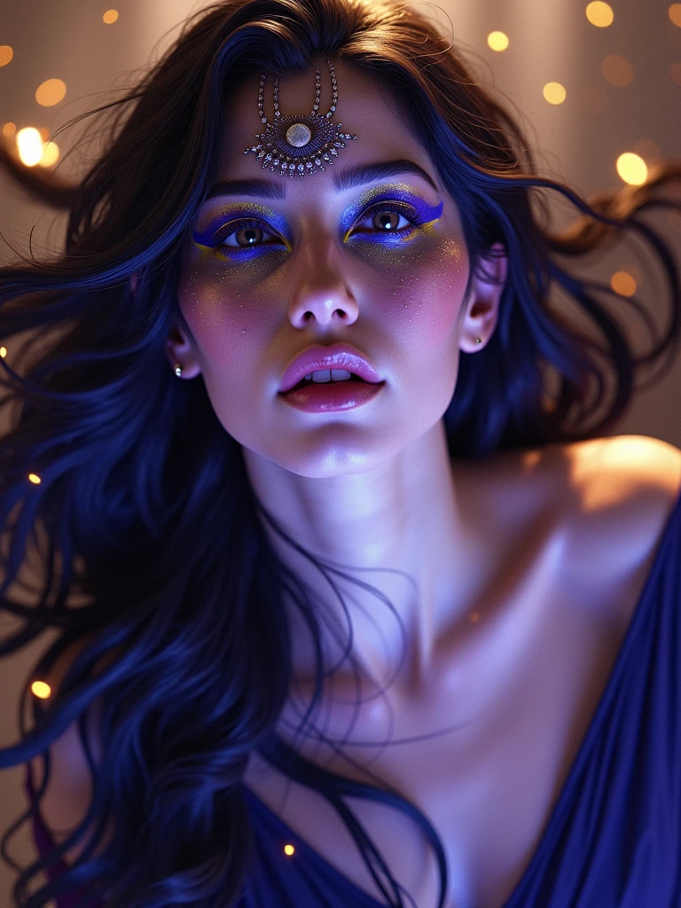 a majestic female goddess with dark purple, dark blue, yellow color palette, black hair, dark aura, ethereal, cinematic lighting, chiaroscuro, dramatic, photorealistic, extremely detailed, 8k, award winning digital art, concept art, artstation, elegant, mystical, powerful, mesmerizing