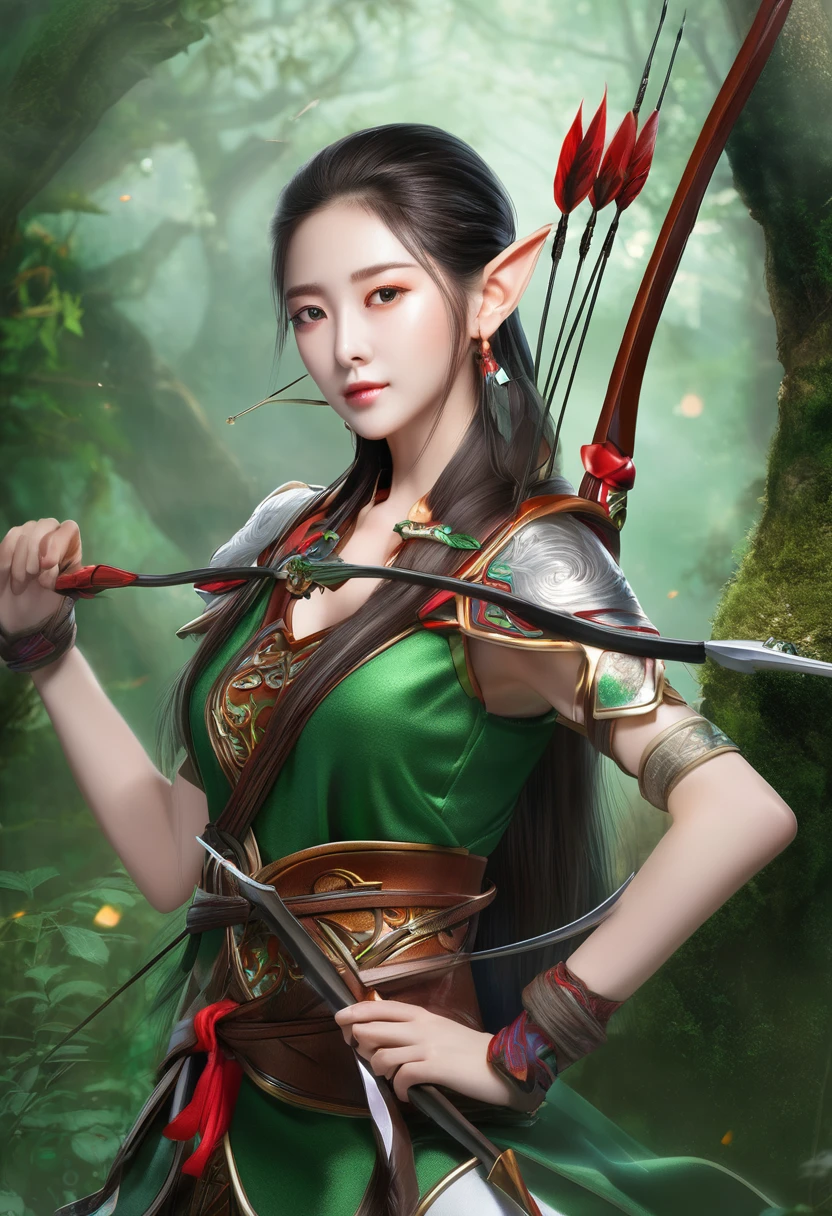 Elf, (Long, pointed ears:1.5), Shooting and arrows, bow (arms), 用bow瞄准, 一位美丽的Elf女猎手蹲在树冠上, Wearing a hunter's hood, holding a intricate detailed enchanted elven bow, arrow made of light notched in the bow, forced perspective; amazing, thrilling; Bad Guy Composition, Epic Art, kan liu; Daniel Liang; Anne Stokes; by Cynthia Sheppard; Ravina Tsai