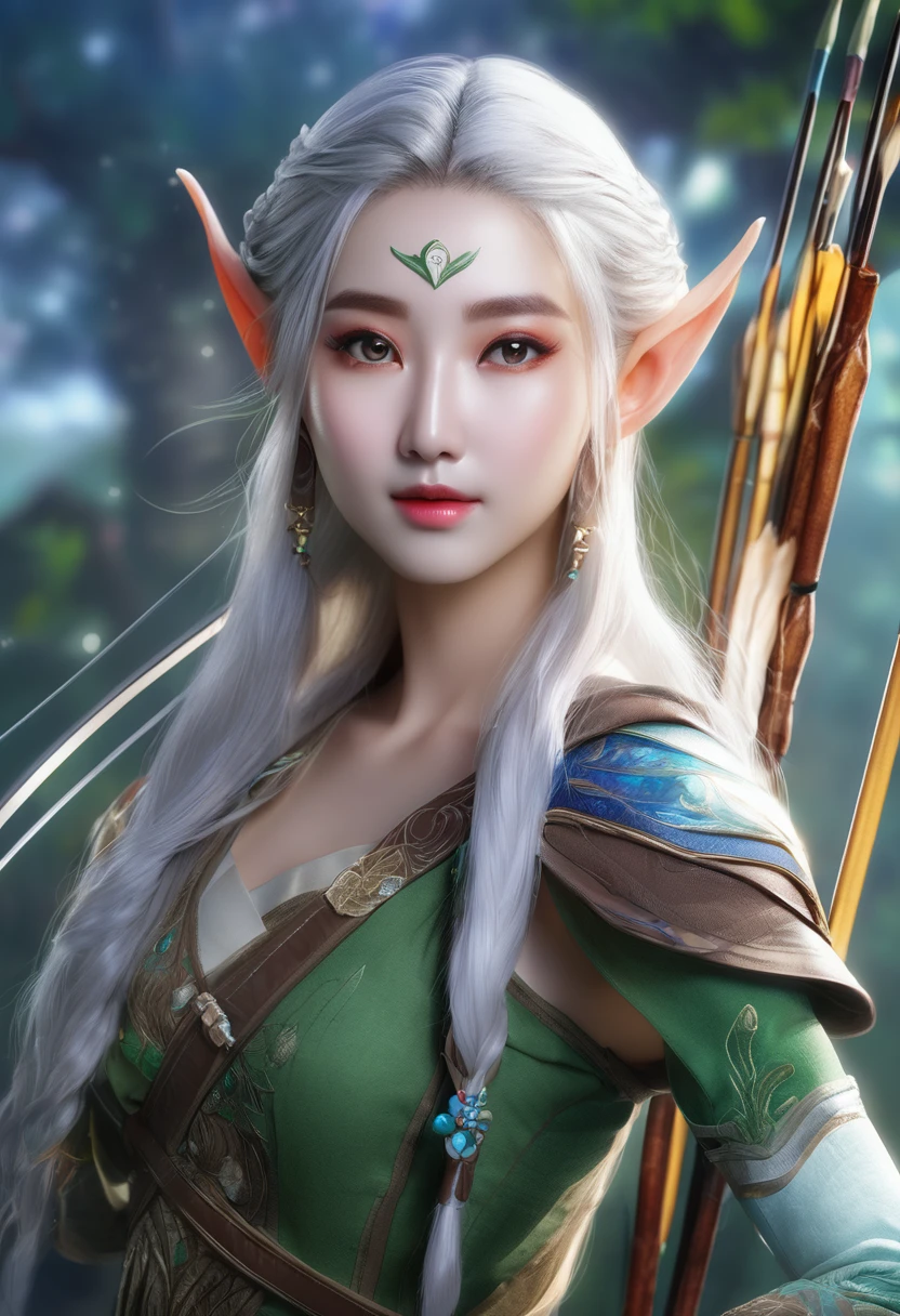 Elf, (Long, pointed ears:1.5), Shooting and arrows, bow (arms), 用bow瞄准, 一位美丽的Elf女猎手蹲在树冠上, Wearing a hunter's hood, holding a intricate detailed enchanted elven bow, arrow made of light notched in the bow, forced perspective; amazing, thrilling; Bad Guy Composition, Epic Art, kan liu; Daniel Liang; Anne Stokes; by Cynthia Sheppard; Ravina Tsai