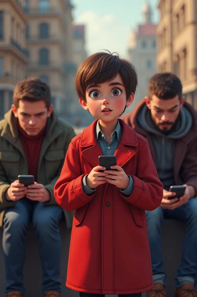A boy is wearing a red coat and he wants to tell that porn videos can ruin your life and 2 people next to him are watching on mobile.