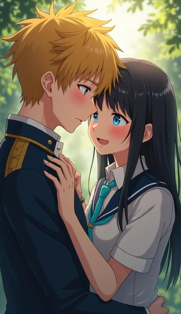 (32K:1.9, Realistic:1.9, Highest quality, masterpiece, Ultra-high resolution), Perfect dynamic composition:1.3, Highly detailed skin and facial textures:1.3, Cute sexy slim Japanese schoolgirl, (Slimman, Height about 180cm), (They both close their eyes, A man hugs and kisses a woman:1.3), Fair skin, ((Clarity:1.1)), (Man is anime「Marmalade Boy」Yuu&#39;s uniform:1.3, Bright yellow hair, beautiful目:1.3), (The woman is wearing a uniform with a light blue tie.:1.3, Straight black hair.:1.3, smile:0.9, A man completely charms a woman:0.9, beautiful Blue Eyes, beautiful, Clear Eyes:0.8), Sexy Face:0.4, blush:1.1, (beautifulエロティシズムを醸し出す雰囲気:0.8), Professional random camera work, Cinematic Lighting Effects, (Full Body Shot), (Too erotic), romantic, mysterious, Object of admiration, original, dramatic, artistic, Innovative, charm, Heartful, Fancy, Tilt, sense of loss, special, exciting, Extreme, sense of openness, joy, joyの表現, ((若さのcharm, 女性的なcharm))