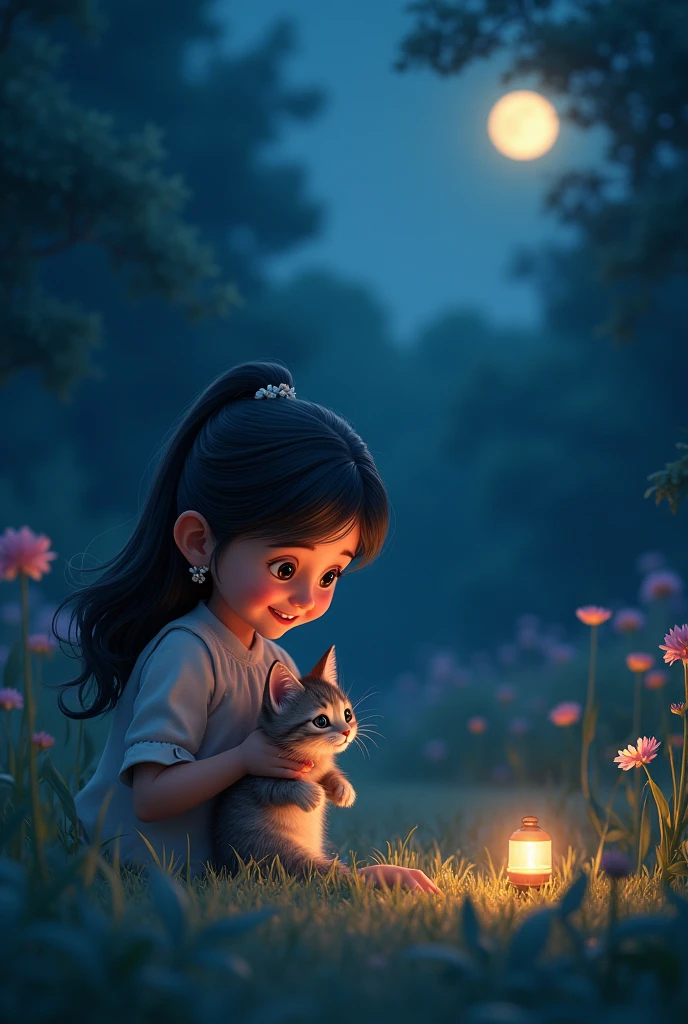 A dark glowing environment. A cute little crawling child with blue eyes and pink romper sits in the middle and holds a tiny little sweet kitten in her hands and laughs