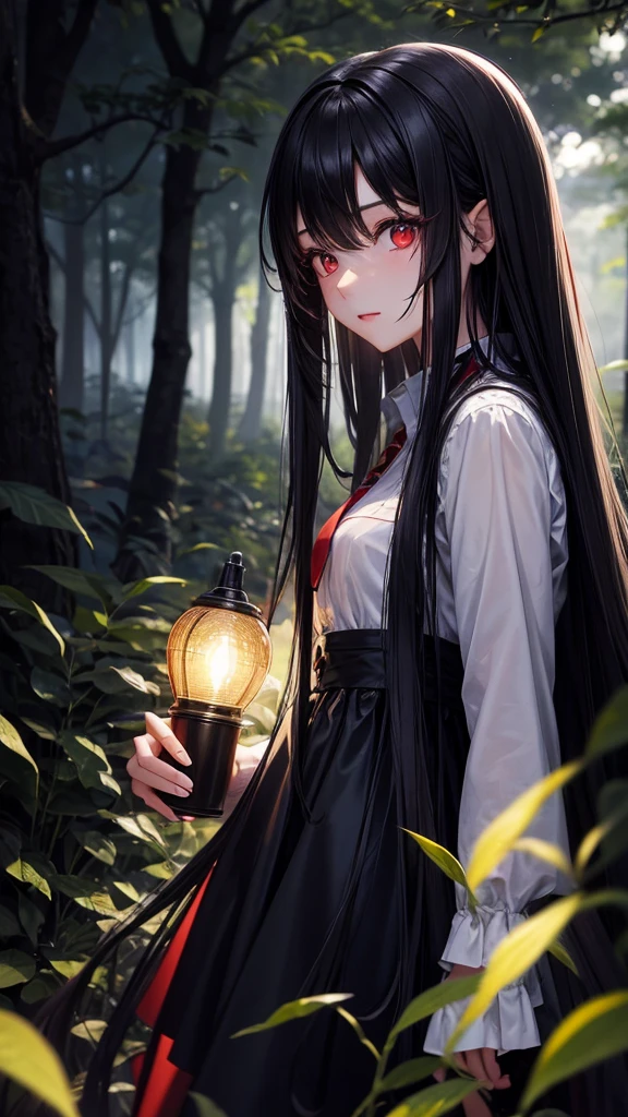 One girl, Red eyes, High-resolution model, Very long hair, Black Hair,in the forest,Spotlight,
