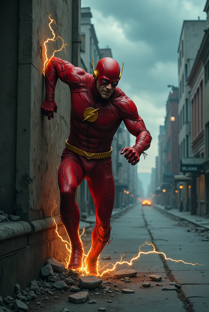 old Flash, now slower, tries to run but stumbles. His lightning is dim and flickering. He catches his breath, leaning on a wall. Background: A deserted city street at dusk, the sky filled with ominous clouds. Narration: "The speedster's race against time... is coming to an end."