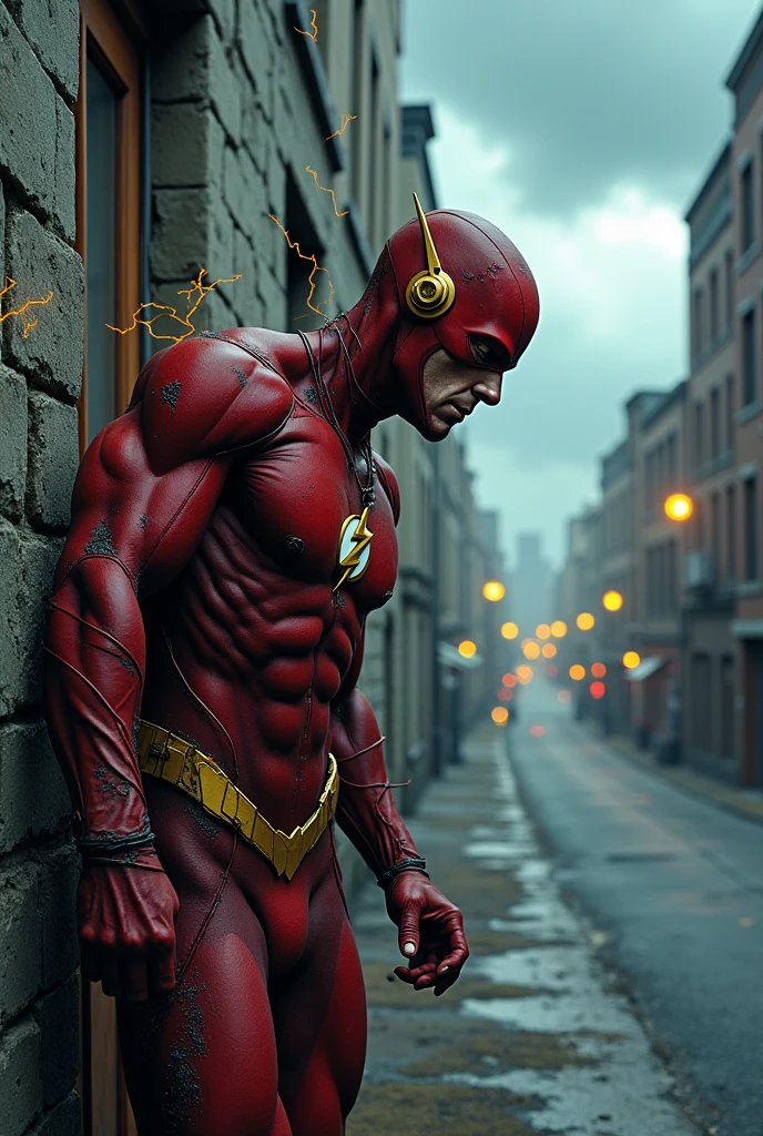 old Flash, now slower, tries to run but stumbles. His lightning is dim and flickering. He catches his breath, leaning on a wall. Background: A deserted city street at dusk, the sky filled with ominous clouds. Narration: "The speedster's race against time... is coming to an end."