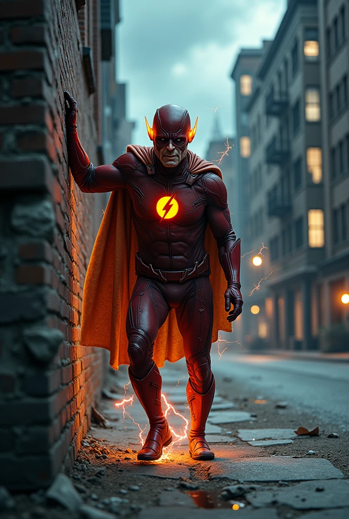old Flash, now slower, tries to run but stumbles. His lightning is dim and flickering. He catches his breath, leaning on a wall. Background: A deserted city street at dusk, the sky filled with ominous clouds. Narration: "The speedster's race against time... is coming to an end."
