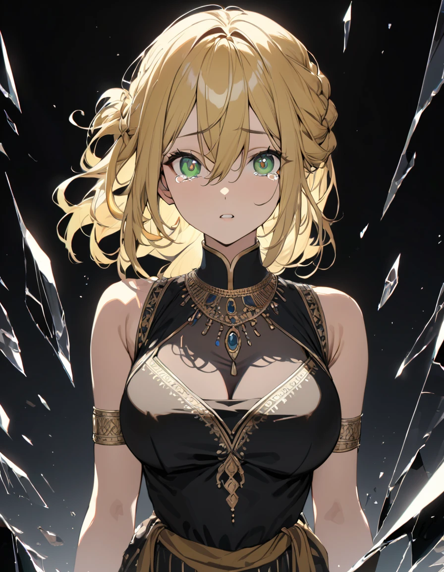 (masterpiece)、(absurdres)、(ultra detailed)、(8k),Anatomically correct,long shot:1.4,(solo woman:1.1,long yellow hair:1.2,hair between eyes,french braid:0.8,big breast:0.9,BREAK,green eyes,shock eyes:1.2,little round sapphire pendant:0.9,black stripes indian costume:1.1,upperbody shot:1.2,looking viewer,from front,Broken black glass:1.1,simple white background:1.3,cinematic lighting:1.3,hair blowing,tears:1.2,