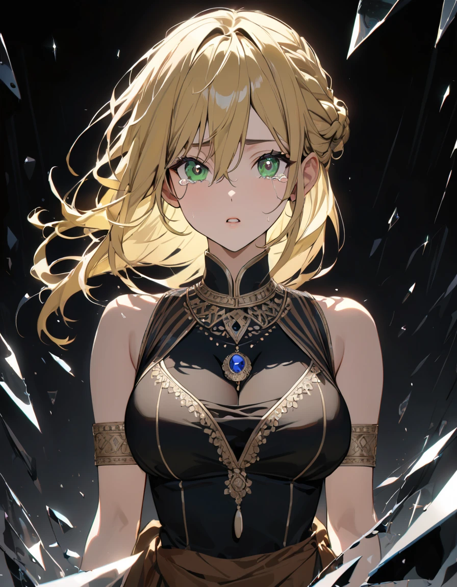 (masterpiece)、(absurdres)、(ultra detailed)、(8k),Anatomically correct,long shot:1.4,(solo woman:1.1,long yellow hair:1.1,hair between eyes,french braid:0.8,big breast:0.9,BREAK,green eyes,shock eyes:1.2,little round sapphire pendant:0.9,black stripes indian costume:1.1,upperbody shot:1.2,looking viewer,from front,Broken black glass:1.1,simple white background:1.3,cinematic lighting:1.3,hair blowing,tears:1.2,