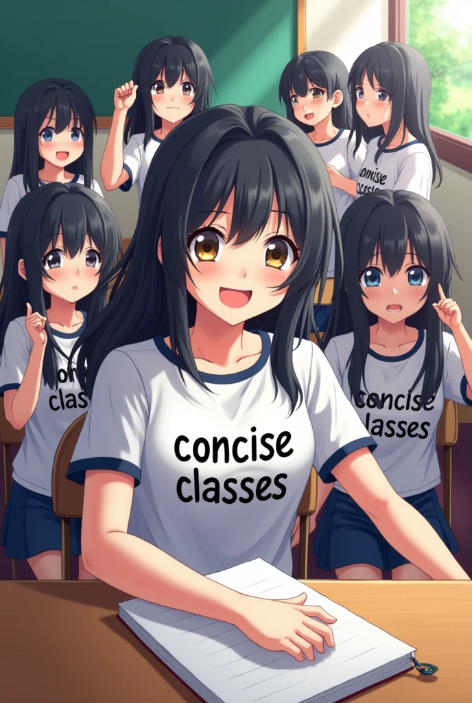 Anime students with black hair wearing  shirts with "concise classes" written on it