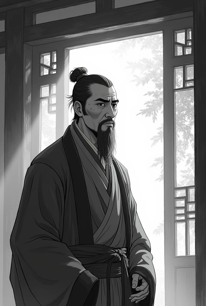 (comics, comics, black and white, landscape, panel), (best quality, masterpiece), 1 Sumara, Dappled sunlight, indoors, Song dynasty costumes, Tie your hair up , 1 Summer, Li Song,man , (Goosebumps:0.7), manly face, (small scar, tie hair :0.9), beard,Chinese Southern Song Dynasty painter,elder,4K, 8K, Ultra HD, HDR, detailed background, background