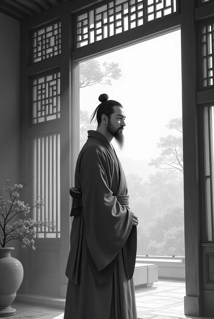 (comics, comics, black and white, landscape, panel), (best quality, masterpiece), 1 Sumara, Dappled sunlight, indoors, Song dynasty costumes, Tie your hair up , 1 Summer, Li Song,man , (Goosebumps:0.7), manly face, (small scar, tie hair :0.9), beard,Chinese Southern Song Dynasty painter,elder,4K, 8K, Ultra HD, HDR, detailed background, background