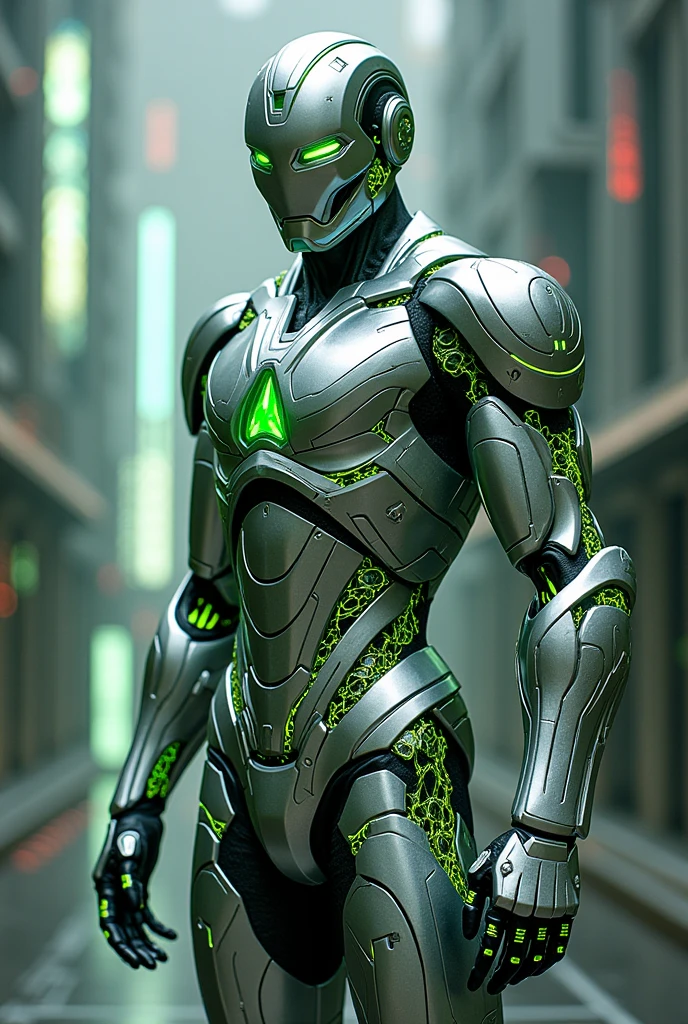 Iron man, Kamen Rider, Silver armor suit with green line color, slim body, green colored small sharp eye, futuristic. Mecha helmet. 